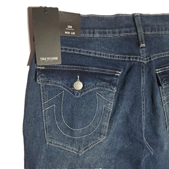 True Religion Geno Relaxed Slim SN Flap Jeans Mens 33x32 Dark Shivering Wash NWT - Picture 10 of 13